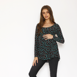 Polera Maternal Ruedo Curvo Manga Larga Leo Verde Agua/Rojo