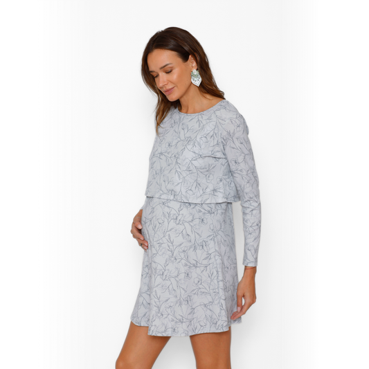 Camisa de Dormir Lactancia Vuelo Manga Larga Jardín Gris