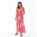 Vestido Lactancia Pía Largo Ondas Beige Fucsia