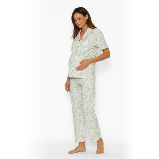 Pijama Lactancia Camisero M/C Flores Verde