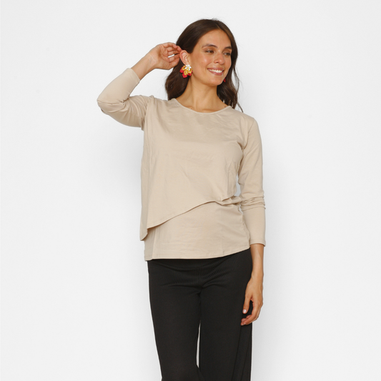 Polera Lactancia Paz Manga Larga Algodón Beige