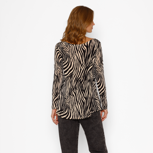 Polera Maternal Ruedo Curvo Manga Larga Cebra Beige