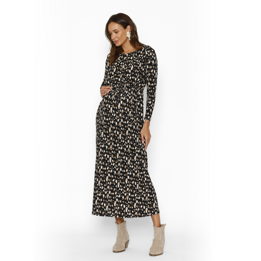 Vestido Lactancia Largo Gabriela Manga Larga Brocha Gris