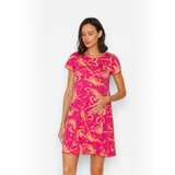 Vestido Maternal Al Cuello Flores naranjo fondo fucsia