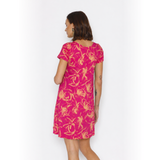 Vestido Maternal Al Cuello Flores naranjo fondo fucsia