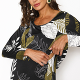 Vestido Lactancia Largo Vuelo Manga Larga Hojas Khaki Negro