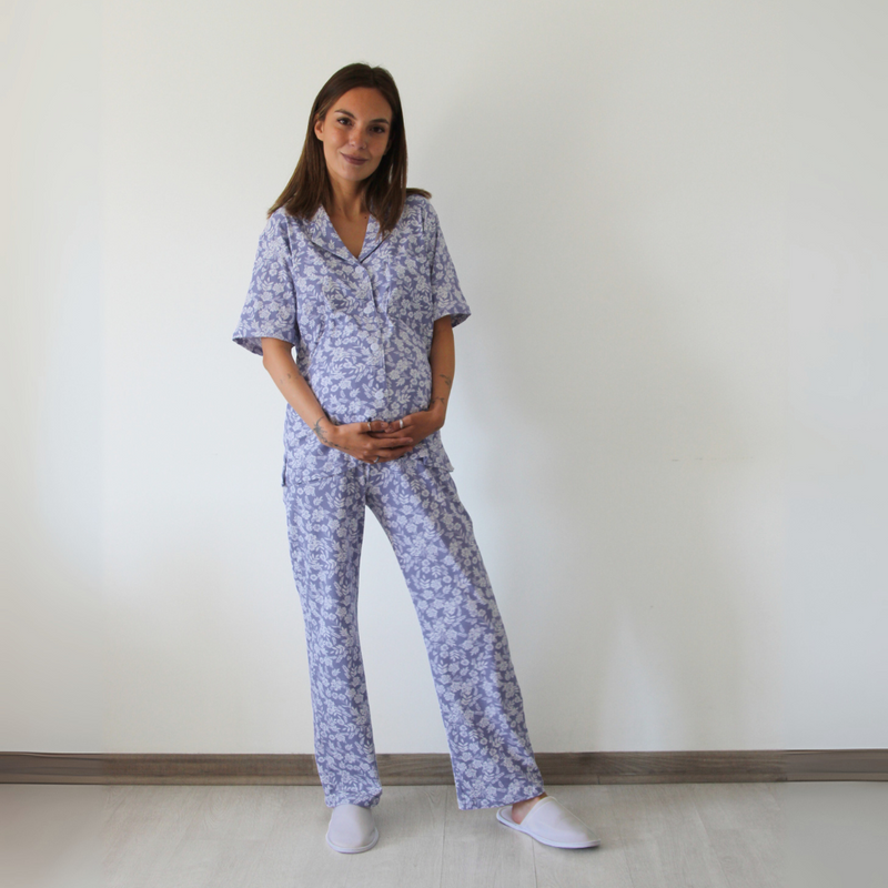 Pijama Lactancia Camisero M/C Flores Lavanda
