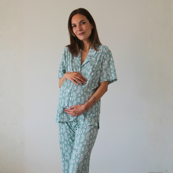 Pijama Lactancia Camisero M/C Hojas Verde