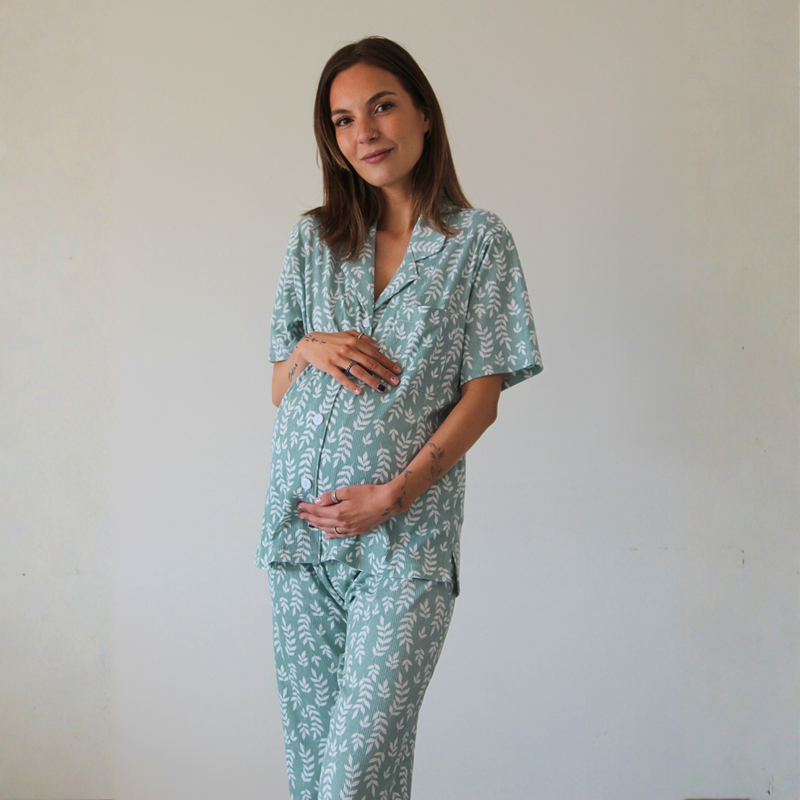 Pijama Lactancia Camisero M/C Hojas Verde
