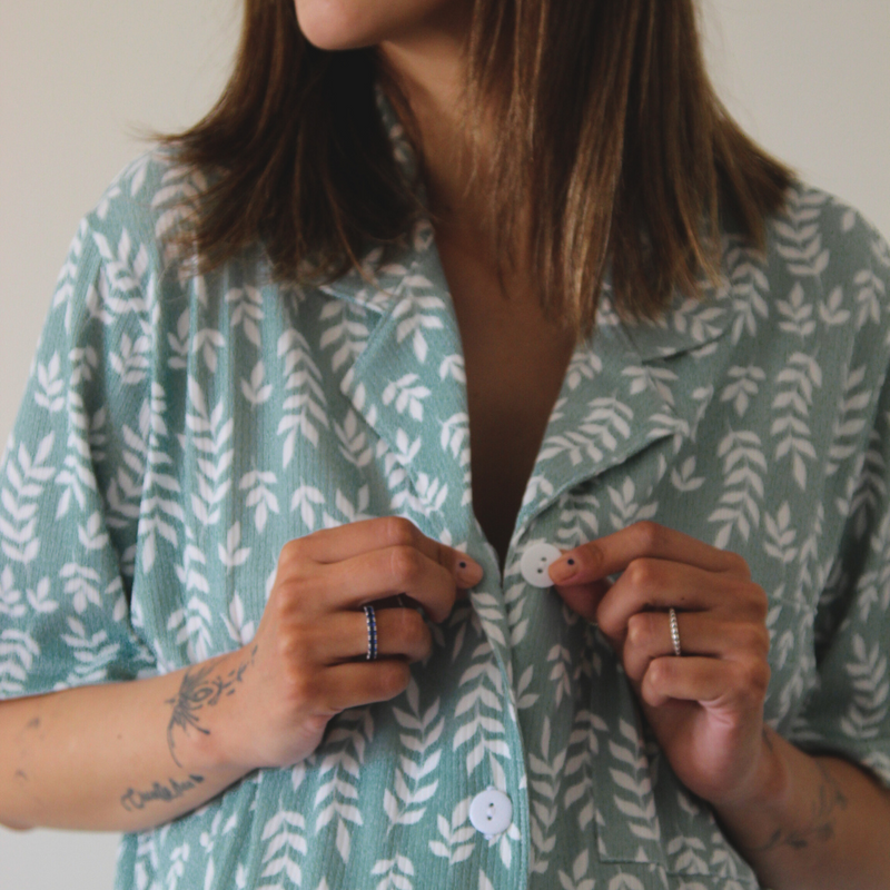 Pijama Lactancia Camisero M/C Hojas Verde