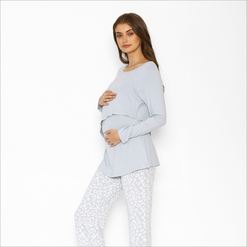 Pijama Maternal Paz Manga Larga Leopardo Celeste