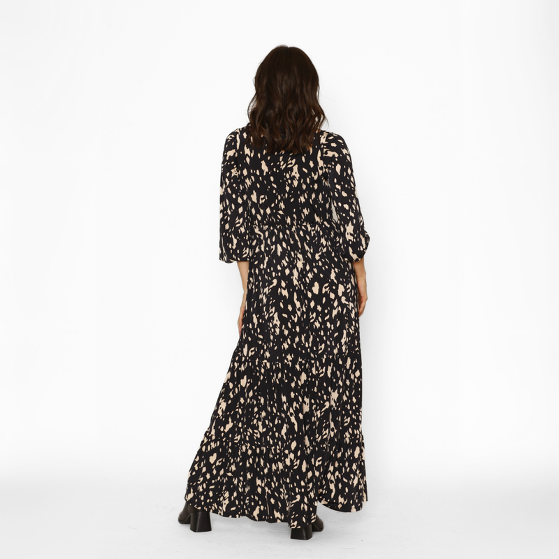 Vestido Lactancia Largo M/Globo Negro Brochas Beige