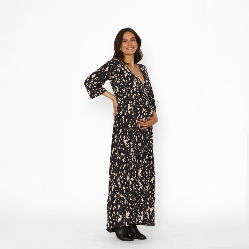 Vestido Lactancia Largo M/Globo Negro Brochas Beige