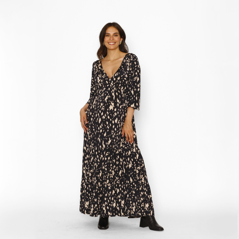 Vestido Lactancia Largo M/Globo Negro Brochas Beige