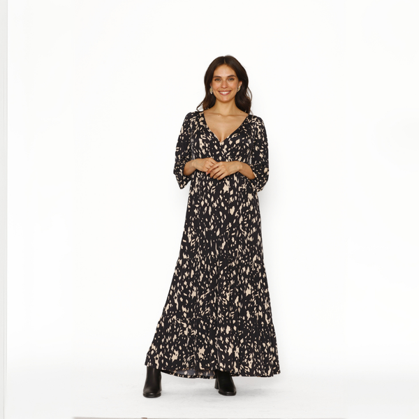 Vestido Lactancia Largo M/Globo Negro Brochas Beige