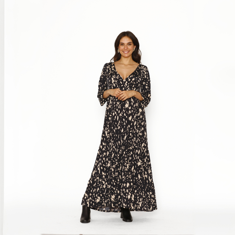 Vestido Lactancia Largo M/Globo Negro Brochas Beige