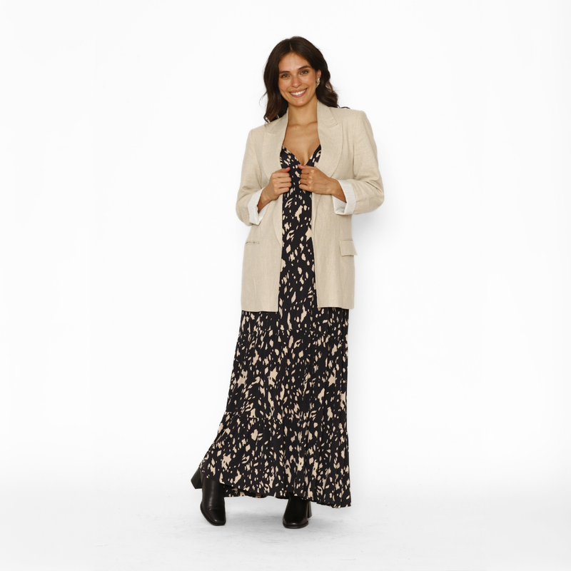 Vestido Lactancia Largo M/Globo Negro Brochas Beige