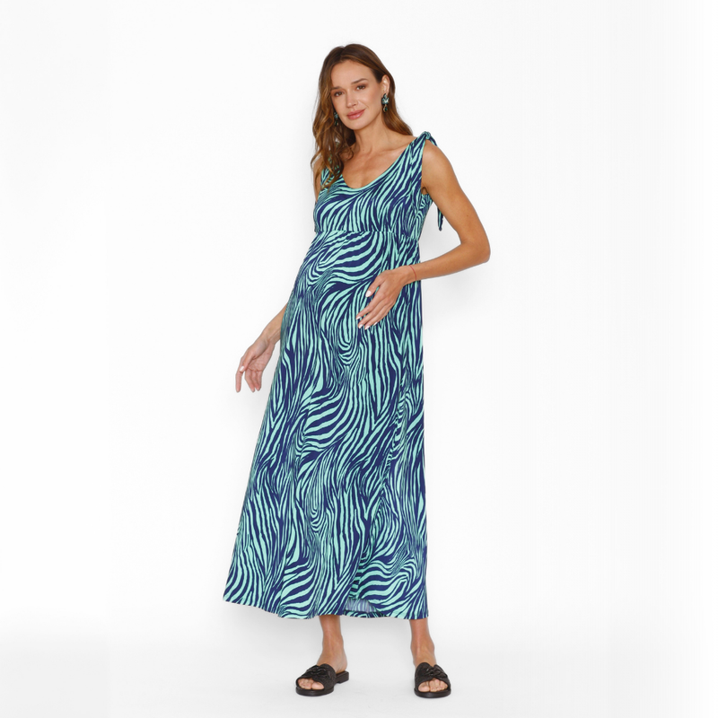 Vestido Lactancia Pía Largo Cebra Turquesa