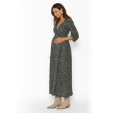 Vestido Lactancia Largo M/Globo Manchas Khaki