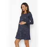 Vestido Maternal Al Cuello Manga Larga Cebra Azul