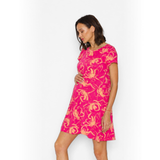 Vestido Maternal Al Cuello Flores naranjo fondo fucsia