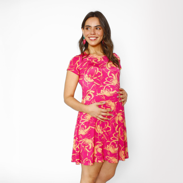 Vestido Maternal Al Cuello Flores naranjo fondo fucsia