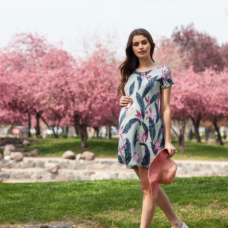Vestido Maternal Al Cuello Flor Tropical Menta
