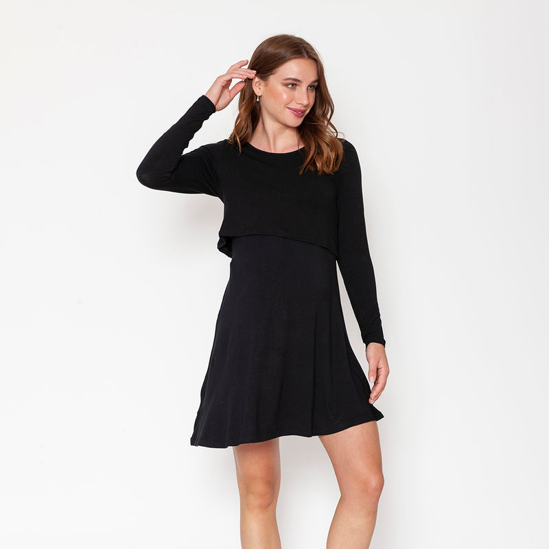 Vestido Lactancia Vuelo Manga Larga Negro