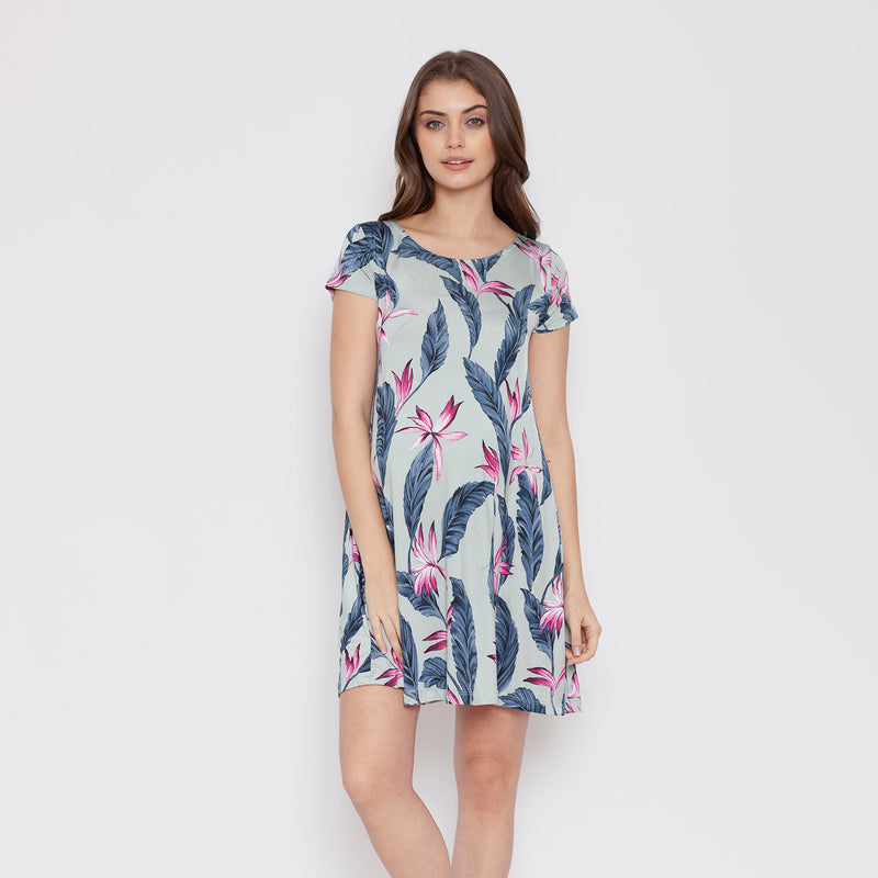 Vestido Maternal Al Cuello Flor Tropical Menta